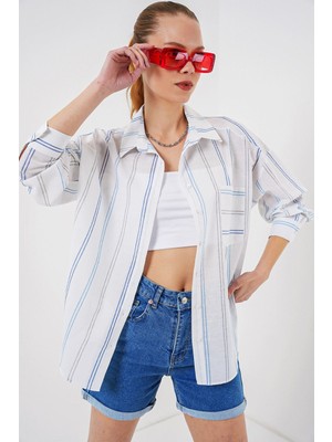 Hiccup Kadınlar BDART Cep Detaylı Oversize Çizgili Pamuklu Gömlek Tozlu Beyaz
