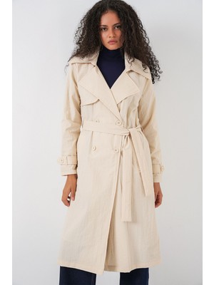Hiccup Kadınlar BDART Cepli Çift Düğmeli Uzun Trençkot Krem Doğal