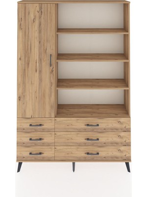 Dienni Arges Dolap 8 Raflı 6 Çekmeceli Tek Kapaklı  132X30X195 Çam-Çam/çam