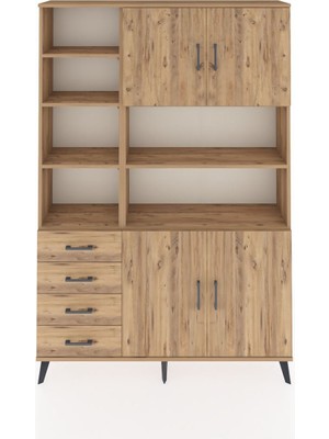 Dienni Arges Dolap 9 Raflı 4 Çekmeceli 4 Kapaklı 132X30X195 Çam-Çam/çam
