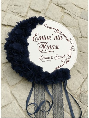 Evsay Isme Özel Deri Tef Kına Tefi Lazer Gül Süslenmiş Gelin Tefi 30 cm Vurmalı Çalgı Müzik Aleti Def Lacivert