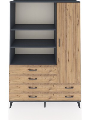 Dienni Hyperion Dolap 7 Raflı 6 Çekmeceli Tek Kapaklı  132X44X195 Antrasit-Çam/çam