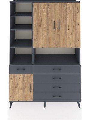 Dienni Hyperion Dolap 8 Raflı 5 Çekmeceli 3 Kapaklı 132X44X195 Antrasit-Çam/antrasit
