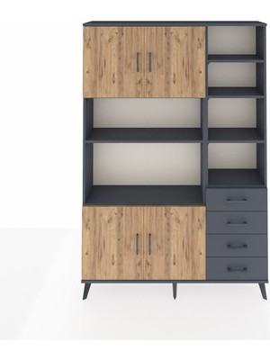 Dienni Arges Dolap 9 Raflı 4 Çekmeceli 4 Kapaklı 132X30X195 Antrasit-Çam/antrasit