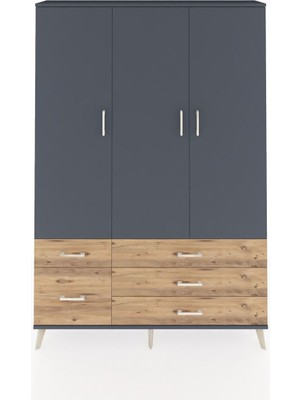 Dienni Arges Dolap 5 Raflı 5 Çekmeceli Tek Askılı 132X30X195 Antrasit-Antrasit/çam