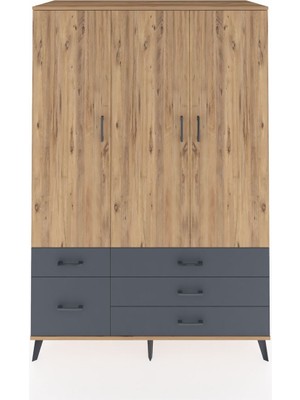 Dienni Kronos Dolap 5 Raflı 5 Çekmeceli Tek Askılı 132X59X195 Çam-Çam/antrasit