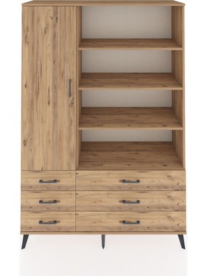 Dienni Hyperion Dolap 8 Raflı 6 Çekmeceli Tek Kapaklı  132X44X195 Çam-Çam/çam