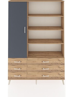 Dienni Arges Dolap 8 Raflı 6 Çekmeceli Tek Kapaklı  132X30X195 Çam-Antrasit/çam