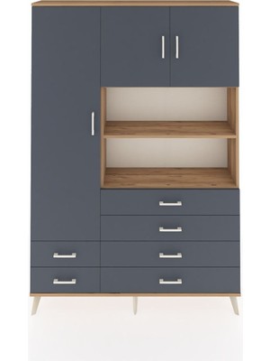 Dienni Arges Dolap 8 Raflı 6 Çekmeceli 3 Kapaklı 132X30X195 Çam-Antrasit/antrasit