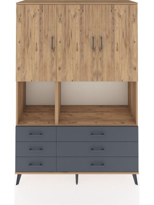 Dienni Hyperion Dolap 6 Raflı 6 Çekmeceli 3 Kapaklı 132X44X195 Çam-Çam/antrasit