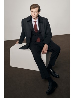 İmza Antrasit Kürklü Yaka Classic Comfort Fit Esnek Kaban 1008255163