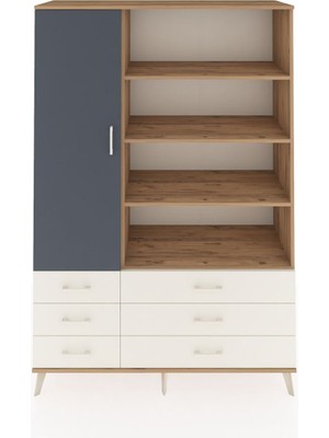 Dienni Hyperion Dolap 8 Raflı 6 Çekmeceli Tek Kapaklı  132X44X195 Çam-Antrasit/aytaşı