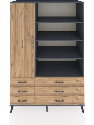 Dienni Kronos Dolap 8 Raflı 6 Çekmeceli Tek Kapaklı  132X59X195 Antrasit-Çam/çam