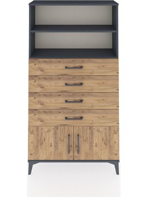 Dienni Arges Dolap 2 Raflı 4 Çekmeceli 2 Kapaklı 88X30X163 Antrasit-Çam