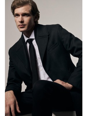 İmza Siyah Mono Yaka Classic Comfort Fit Esnek Kaşe Kaban 1008255160