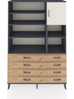 Dienni Hyperion Dolap 8 Raflı 8 Çekmeceli Tek Kapaklı  132X44X195 Antrasit-Aytaşı/çam