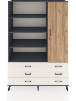 Dienni Hyperion Dolap 8 Raflı 6 Çekmeceli Tek Kapaklı  132X44X195 Antrasit-Çam/aytaşı