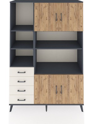 Dienni Hyperion Dolap 8 Raflı 4 Çekmeceli 4 Kapaklı 132X44X195 Antrasit-Çam/aytaşı