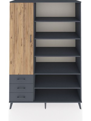 Dienni Hyperion Dolap 9 Raflı 3 Çekmeceli 3 Kapaklı 132X44X195 Antrasit-Çam/antrasit
