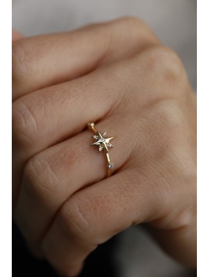 Yenigün Kuyumculuk 14 Ayar Altın Kolu ve Üstü Taş Detaylı Kutup Yıldızı Yüzük-2