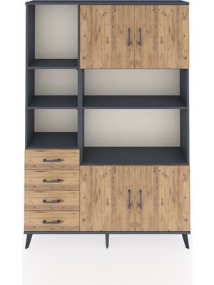 Dienni Arges Dolap 8 Raflı 4 Çekmeceli 4 Kapaklı 132X30X195 Antrasit-Çam/çam