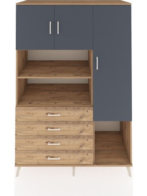 Dienni Kronos Dolap 8 Raflı 4 Çekmeceli 3 Kapaklı 132X59X195 Çam-Antrasit/çam