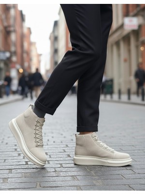 Ebrus Trend ET0713 Bağcıklı Süet Bej Yüksek Taban Erkek Tarz Spor Bot