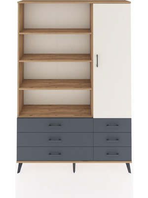 Dienni Arges Dolap 8 Raflı 6 Çekmeceli Tek Kapaklı  132X30X195 Çam-Aytaşı/antrasit