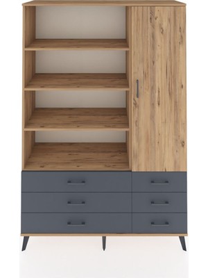 Dienni Hyperion Dolap 8 Raflı 6 Çekmeceli Tek Kapaklı  132X44X195 Çam-Çam/antrasit