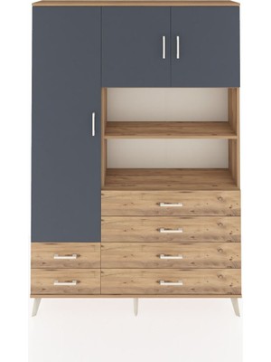 Dienni Arges Dolap 8 Raflı 6 Çekmeceli 3 Kapaklı 132X30X195 Çam-Antrasit/çam