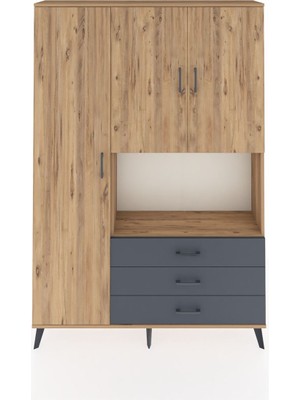 Dienni Arges Dolap 6 Raflı 3 Çekmeceli 3 Kapaklı 132X30X195 Çam-Çam/antrasit