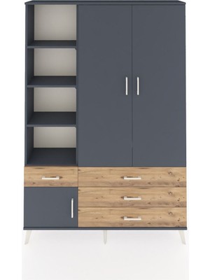 Dienni Arges Dolap 5 Raflı 4 Çekmeceli Tek Askılı 132X30X195 Antrasit-Antrasit/çam