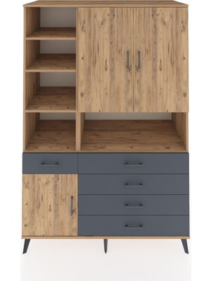 Dienni Kronos Dolap 8 Raflı 5 Çekmeceli 3 Kapaklı 132X59X195 Çam-Çam/antrasit