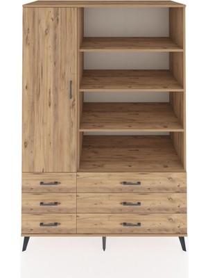 Dienni Kronos Dolap 8 Raflı 6 Çekmeceli Tek Kapaklı  132X59X195 Çam-Çam/çam