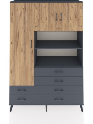 Dienni Hyperion Dolap 8 Raflı 6 Çekmeceli 3 Kapaklı 132X44X195 Antrasit-Çam/antrasit
