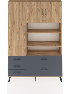 Dienni Arges Dolap 9 Raflı 5 Çekmeceli 3 Kapaklı 132X30X195 Çam-Çam/antrasit
