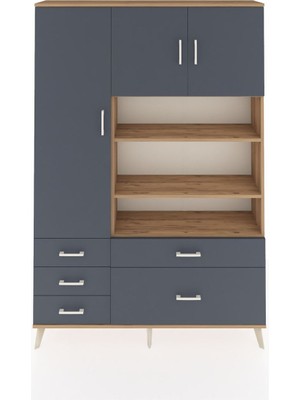 Dienni Arges Dolap 9 Raflı 5 Çekmeceli 3 Kapaklı 132X30X195 Çam-Antrasit/antrasit