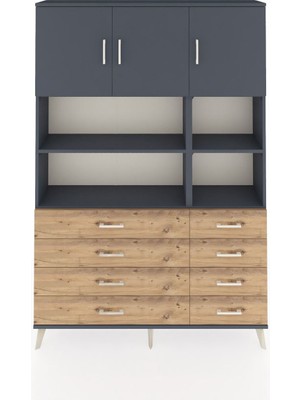 Dienni Arges Dolap 8 Raflı 8 Çekmeceli 3 Kapaklı 132X30X195 Antrasit-Antrasit/çam