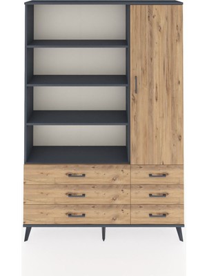 Dienni Arges Dolap 8 Raflı 6 Çekmeceli Tek Kapaklı  132X30X195 Antrasit-Çam/çam