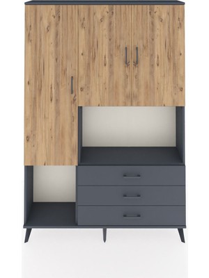 Dienni Arges Dolap 6 Raflı 3 Çekmeceli 3 Kapaklı 132X30X195 Antrasit-Çam/antrasit