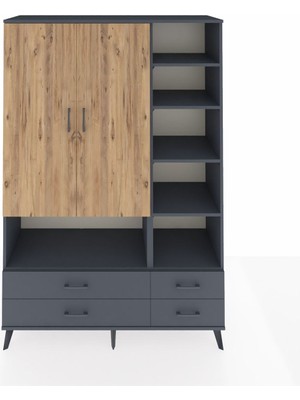 Dienni Hyperion Dolap 10 Raflı 4 Çekmeceli 2 Kapaklı 132X44X195 Antrasit-Çam/antrasit