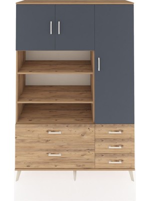 Dienni Hyperion Dolap 9 Raflı 5 Çekmeceli 3 Kapaklı 132X44X195 Çam-Antrasit/çam