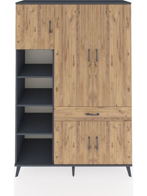 Dienni Hyperion Dolap 8 Raflı Tek Çekmeceli 5 Kapaklı 132X44X195 Antrasit-Çam/çam