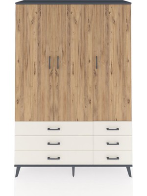 Dienni Hyperion Dolap 5 Raflı 6 Çekmeceli Tek Askılı 132X44X195 Antrasit-Çam/aytaşı