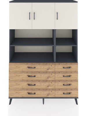 Dienni Hyperion Dolap 8 Raflı 8 Çekmeceli 3 Kapaklı 132X44X195 Antrasit-Aytaşı/çam