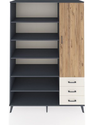 Dienni Hyperion Dolap 9 Raflı 3 Çekmeceli Tek Kapaklı  132X44X195 Antrasit-Çam/aytaşı