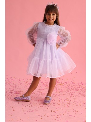 Le Mabelle Lila  Puantiyeli Gül Aksesuarlı Kız Çocuk Elbise - Belinda