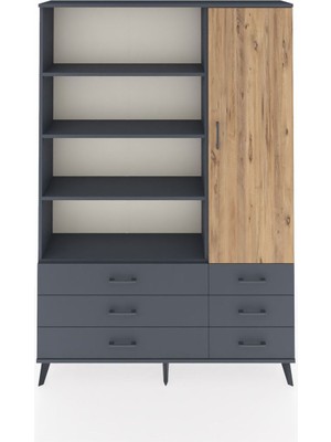 Dienni Arges Dolap 8 Raflı 6 Çekmeceli Tek Kapaklı  132X30X195 Antrasit-Çam/antrasit