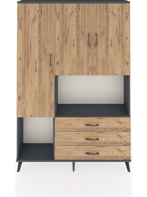 Dienni Arges Dolap 6 Raflı 3 Çekmeceli 3 Kapaklı 132X30X195 Antrasit-Çam/çam