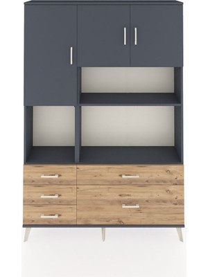 Dienni Arges Dolap 8 Raflı 5 Çekmeceli 3 Kapaklı 132X30X195 Antrasit-Antrasit/çam